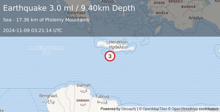 Earthquake CRETE, GREECE (3.0 ml) (2024-11-09 03:21:14 UTC)