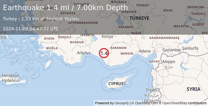 Earthquake CENTRAL TURKEY (1.4 ml) (2024-11-09 04:47:37 UTC)