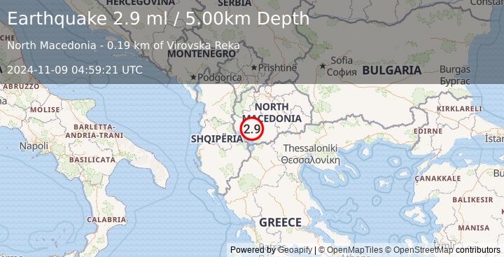 Earthquake REPUBLIC OF NORTH MACEDONIA (2.9 ml) (2024-11-09 04:59:21 UTC)