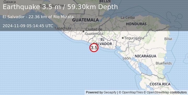 Earthquake OFFSHORE EL SALVADOR (3.5 m) (2024-11-09 05:14:45 UTC)