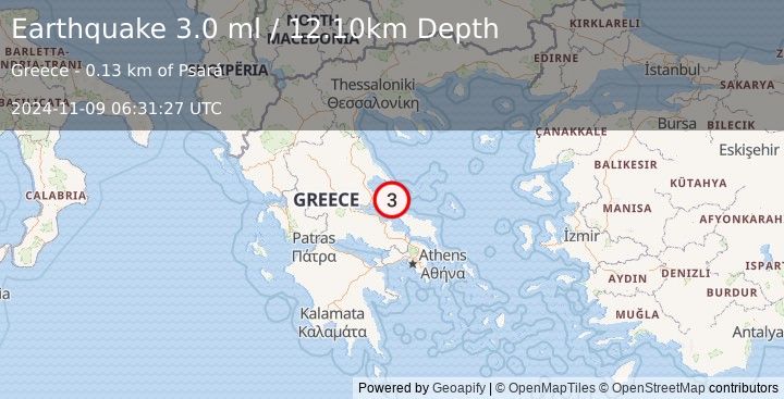 Earthquake GREECE (3.0 ml) (2024-11-09 06:31:27 UTC)