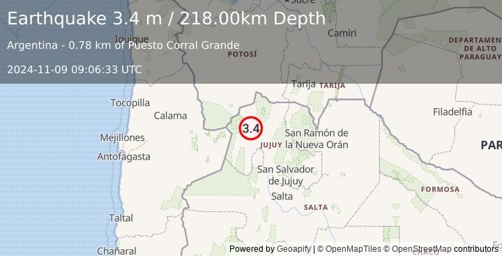 Earthquake JUJUY, ARGENTINA (3.4 m) (2024-11-09 09:06:33 UTC)