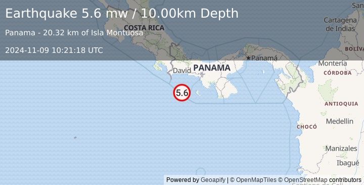 Earthquake SOUTH OF PANAMA (5.6 mw) (2024-11-09 10:21:18 UTC)