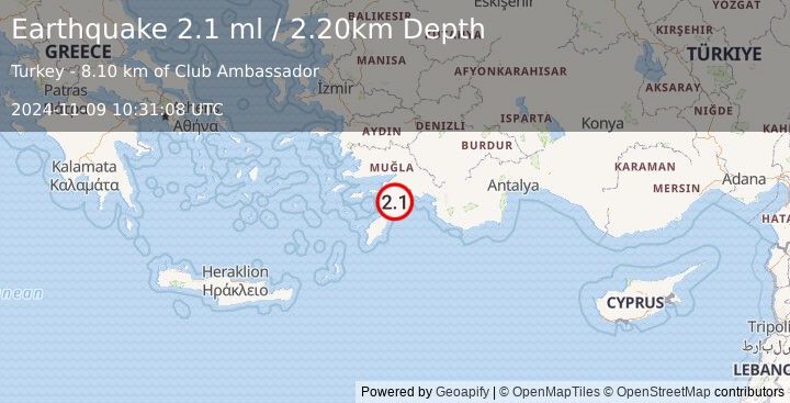 Earthquake DODECANESE IS.-TURKEY BORDER REG (2.1 ml) (2024-11-09 10:31:08 UTC)