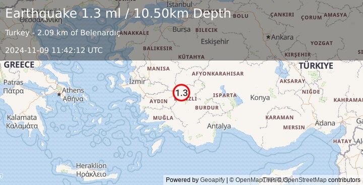 Earthquake WESTERN TURKEY (1.3 ml) (2024-11-09 11:42:12 UTC)