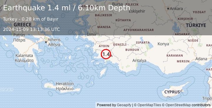 Earthquake WESTERN TURKEY (1.4 ml) (2024-11-09 13:13:36 UTC)