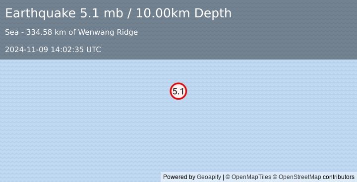 Earthquake SOUTHERN MID-ATLANTIC RIDGE (5.1 mb) (2024-11-09 14:02:35 UTC)