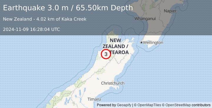 Earthquake SOUTH ISLAND OF NEW ZEALAND (3.0 m) (2024-11-09 16:28:04 UTC)