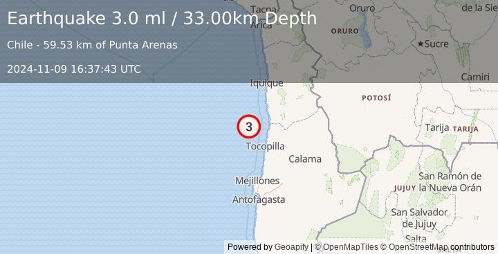 Earthquake OFFSHORE ANTOFAGASTA, CHILE (3.0 ml) (2024-11-09 16:37:43 UTC)