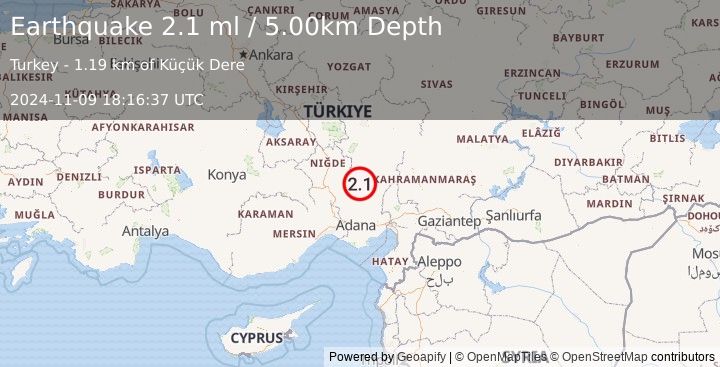 Earthquake CENTRAL TURKEY (2.1 ml) (2024-11-09 18:16:37 UTC)