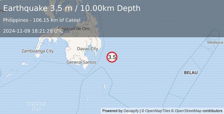 Earthquake PHILIPPINE ISLANDS REGION (3.5 m) (2024-11-09 18:21:28 UTC)