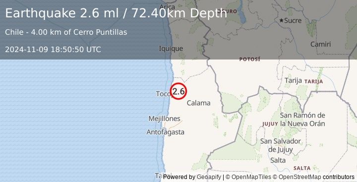 Earthquake ANTOFAGASTA, CHILE (2.6 ml) (2024-11-09 18:50:50 UTC)