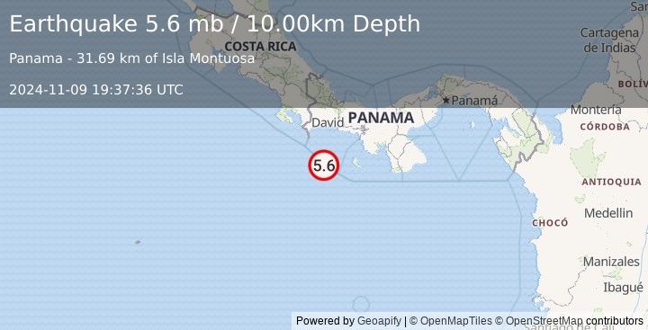 Earthquake SOUTH OF PANAMA (5.6 mb) (2024-11-09 19:37:36 UTC)