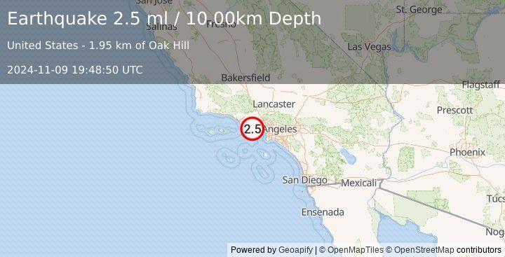 Earthquake GREATER LOS ANGELES AREA, CALIF. (2.5 ml) (2024-11-09 19:48:50 UTC)