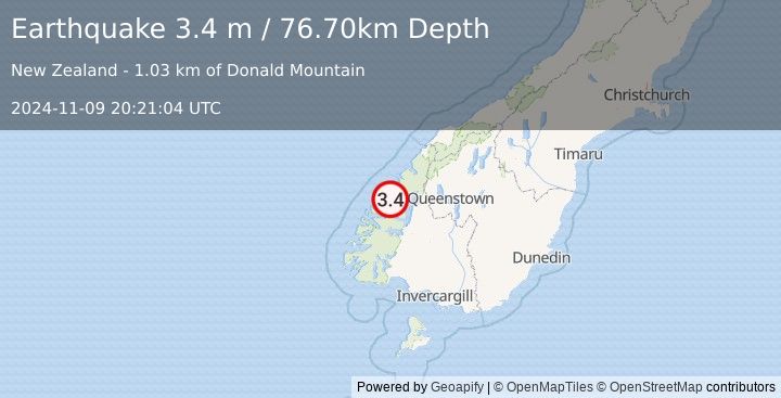 Earthquake SOUTH ISLAND OF NEW ZEALAND (3.4 m) (2024-11-09 20:21:04 UTC)