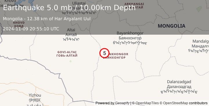 Earthquake CENTRAL MONGOLIA (5.0 mb) (2024-11-09 20:55:10 UTC)