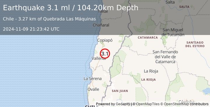 Earthquake ATACAMA, CHILE (3.1 ml) (2024-11-09 21:23:42 UTC)