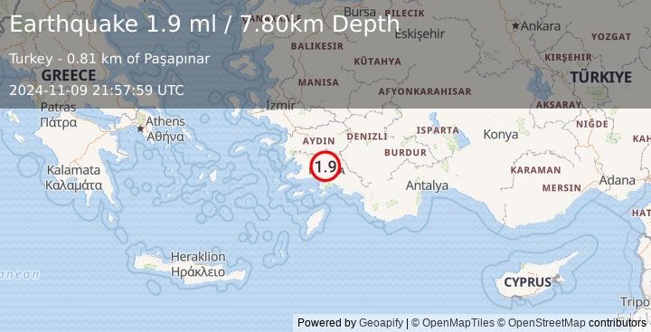 Earthquake WESTERN TURKEY (1.9 ml) (2024-11-09 21:57:59 UTC)