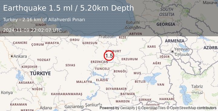 Earthquake EASTERN TURKEY (1.5 ml) (2024-11-09 22:02:07 UTC)