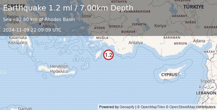 Earthquake DODECANESE IS.-TURKEY BORDER REG (1.2 ml) (2024-11-09 22:09:09 UTC)