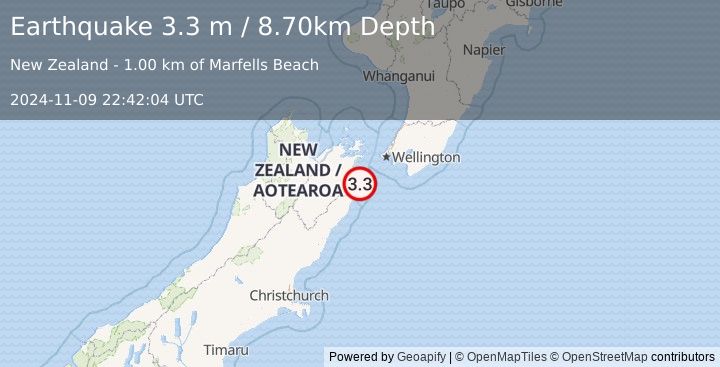 Earthquake COOK STRAIT, NEW ZEALAND (3.3 m) (2024-11-09 22:42:04 UTC)