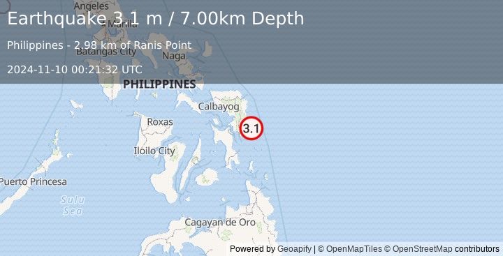 Earthquake SAMAR, PHILIPPINES (3.1 m) (2024-11-10 00:21:32 UTC)