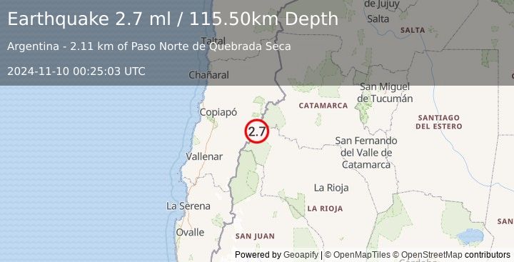 Earthquake LA RIOJA, ARGENTINA (2.7 ml) (2024-11-10 00:25:03 UTC)