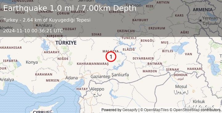 Earthquake EASTERN TURKEY (1.0 ml) (2024-11-10 00:36:21 UTC)