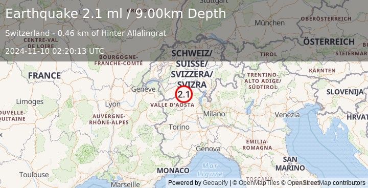 Earthquake SWITZERLAND (2.1 ml) (2024-11-10 02:20:13 UTC)