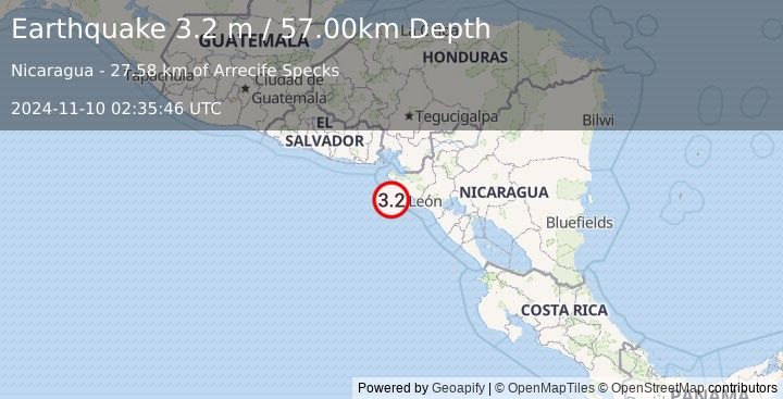 Earthquake NEAR COAST OF NICARAGUA (3.2 m) (2024-11-10 02:35:46 UTC)