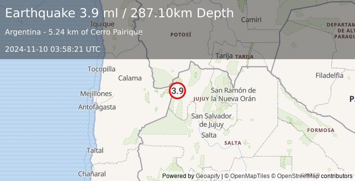 Earthquake JUJUY, ARGENTINA (3.9 ml) (2024-11-10 03:58:21 UTC)