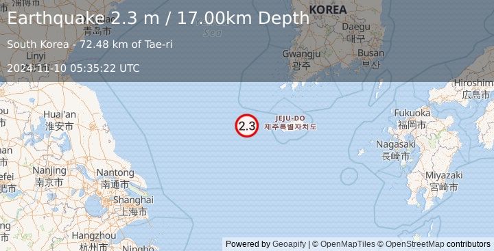 Earthquake YELLOW SEA (2.3 m) (2024-11-10 05:35:22 UTC)