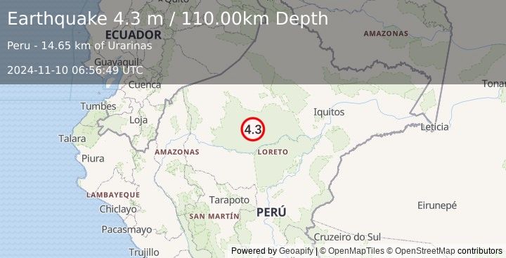 Earthquake NORTHERN PERU (4.3 m) (2024-11-10 06:56:49 UTC)