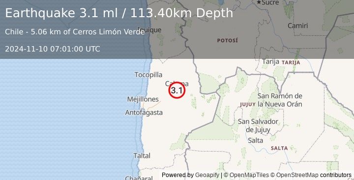 Earthquake ANTOFAGASTA, CHILE (3.1 ml) (2024-11-10 07:01:00 UTC)