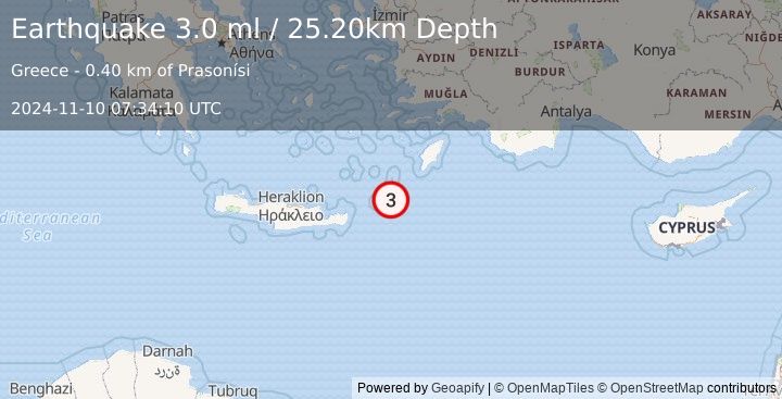 Earthquake DODECANESE ISLANDS, GREECE (3.0 ml) (2024-11-10 07:34:10 UTC)