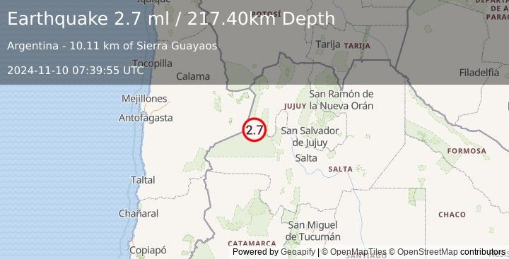 Earthquake SALTA, ARGENTINA (2.7 ml) (2024-11-10 07:39:55 UTC)