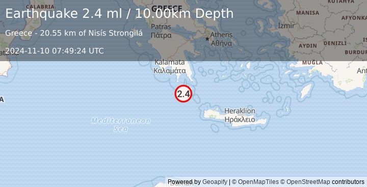 Earthquake SOUTHERN GREECE (2.4 ml) (2024-11-10 07:49:24 UTC)