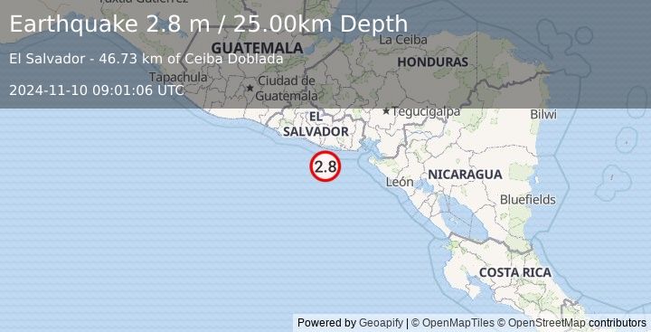 Earthquake OFFSHORE EL SALVADOR (2.8 m) (2024-11-10 09:01:06 UTC)