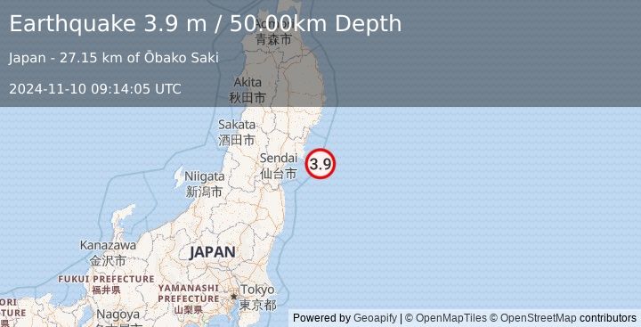 Earthquake NEAR EAST COAST OF HONSHU, JAPAN (3.9 m) (2024-11-10 09:14:05 UTC)