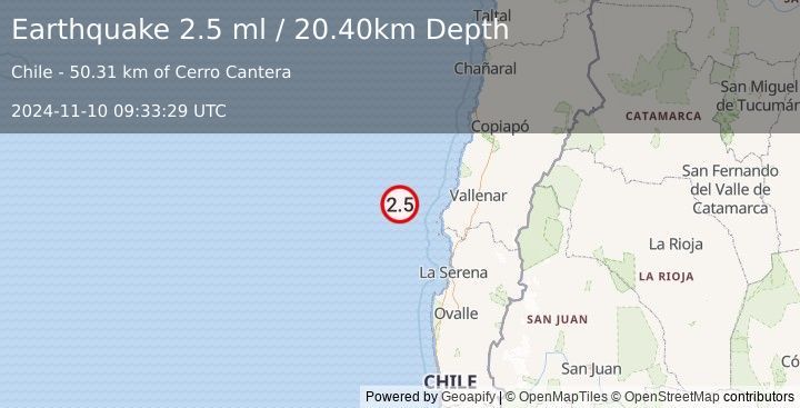 Earthquake OFFSHORE ATACAMA, CHILE (2.5 ml) (2024-11-10 09:33:29 UTC)