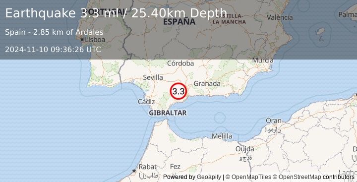 Earthquake STRAIT OF GIBRALTAR (3.3 ml) (2024-11-10 09:36:26 UTC)