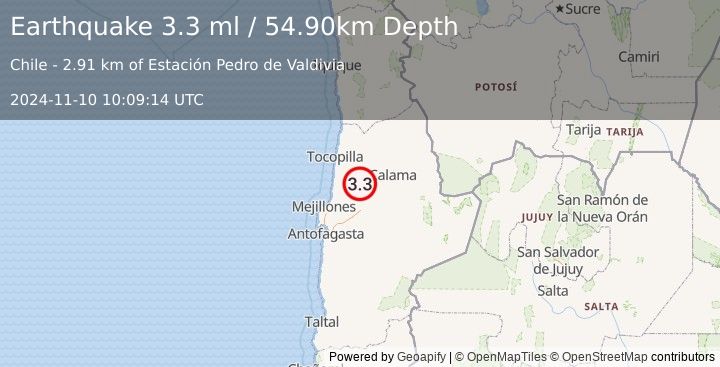 Earthquake ANTOFAGASTA, CHILE (3.3 ml) (2024-11-10 10:09:14 UTC)