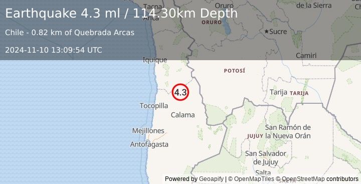 Earthquake ANTOFAGASTA, CHILE (4.3 ml) (2024-11-10 13:09:54 UTC)