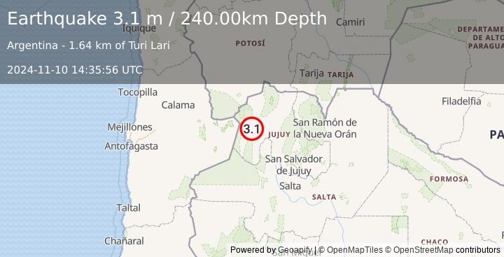 Earthquake JUJUY, ARGENTINA (3.1 m) (2024-11-10 14:35:56 UTC)