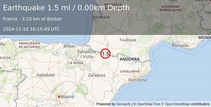 Earthquake PYRENEES (1.5 ml) (2024-11-10 16:15:49 UTC)