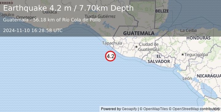 Earthquake OFFSHORE GUATEMALA (4.2 m) (2024-11-10 16:28:58 UTC)