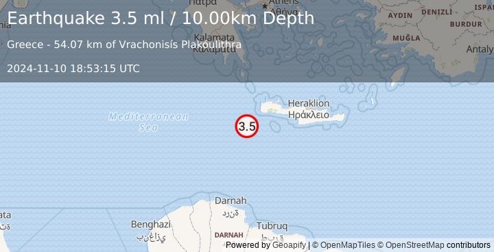 Earthquake CRETE, GREECE (3.5 ml) (2024-11-10 18:53:15 UTC)