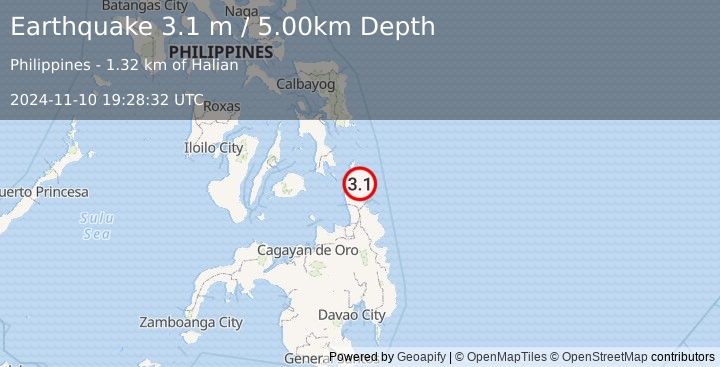 Earthquake MINDANAO, PHILIPPINES (3.1 m) (2024-11-10 19:28:32 UTC)