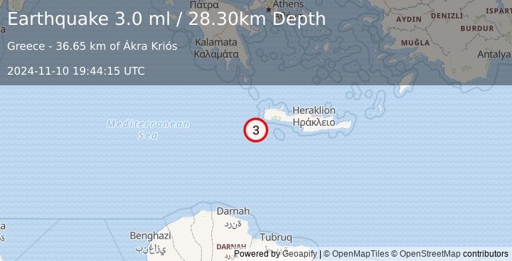 Earthquake CRETE, GREECE (3.0 ml) (2024-11-10 19:44:15 UTC)