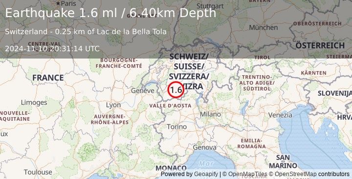 Earthquake SWITZERLAND (1.6 ml) (2024-11-10 20:31:14 UTC)